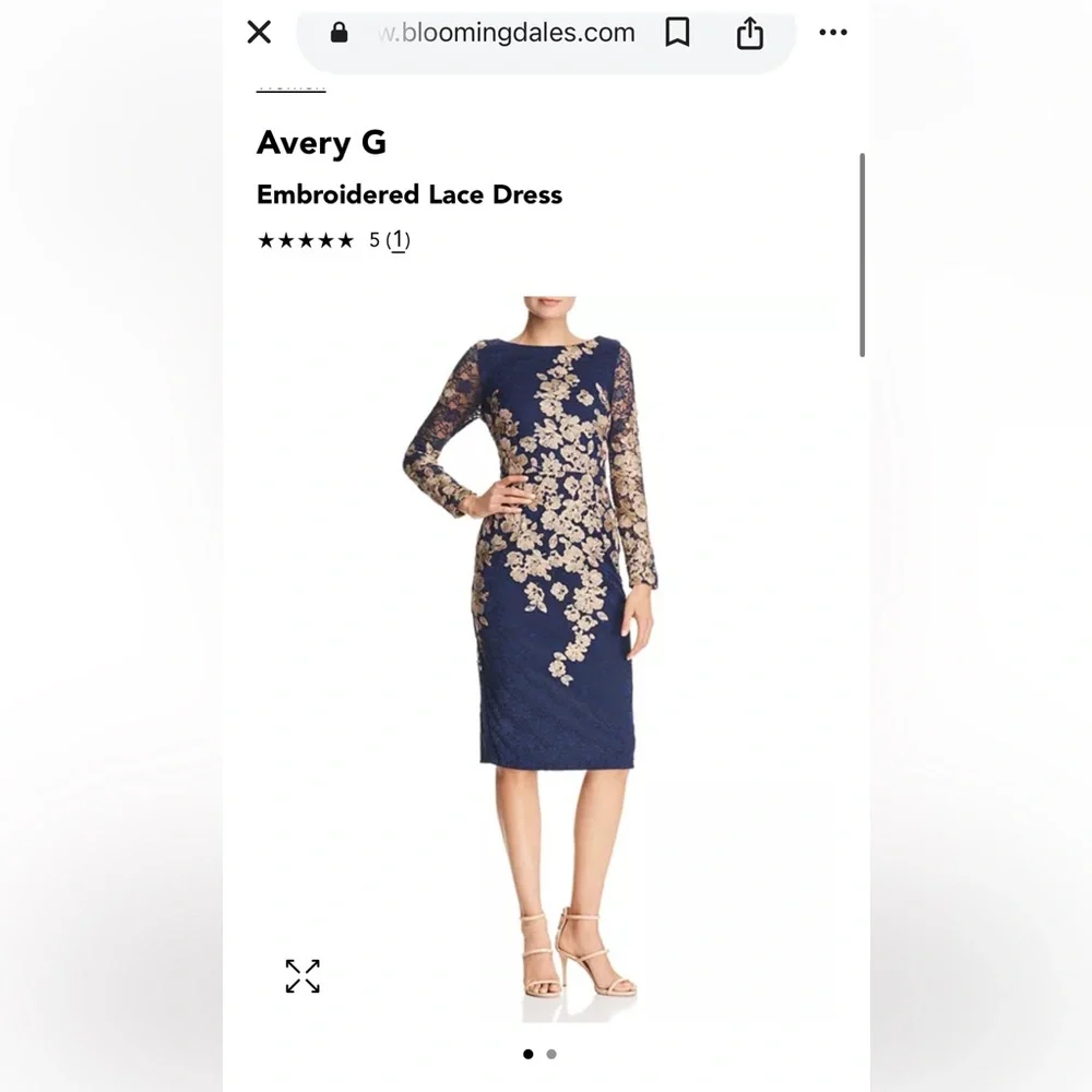 WORN on TV Navy and Gold Lace Dress AVERY G
